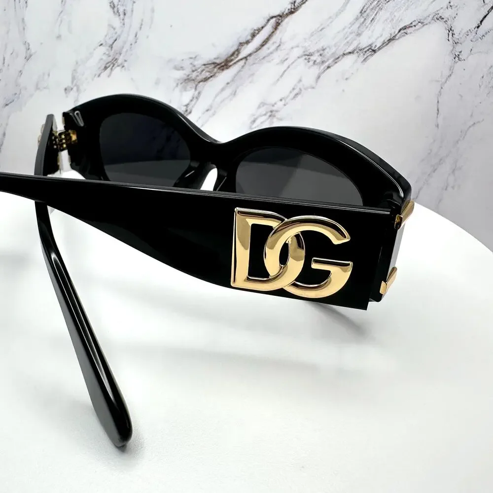 New Dolce & Gabbana Sunglasses Black Oval Acetate Gold Metal DG Gray Lens